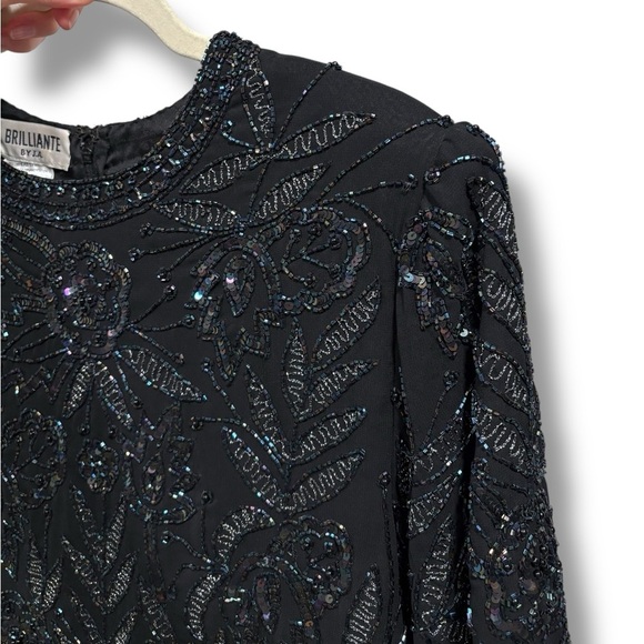 Brilliante Silk Vintage Black Beaded Embroidered Floral Elegant Dress Size Large - Picture 10 of 10